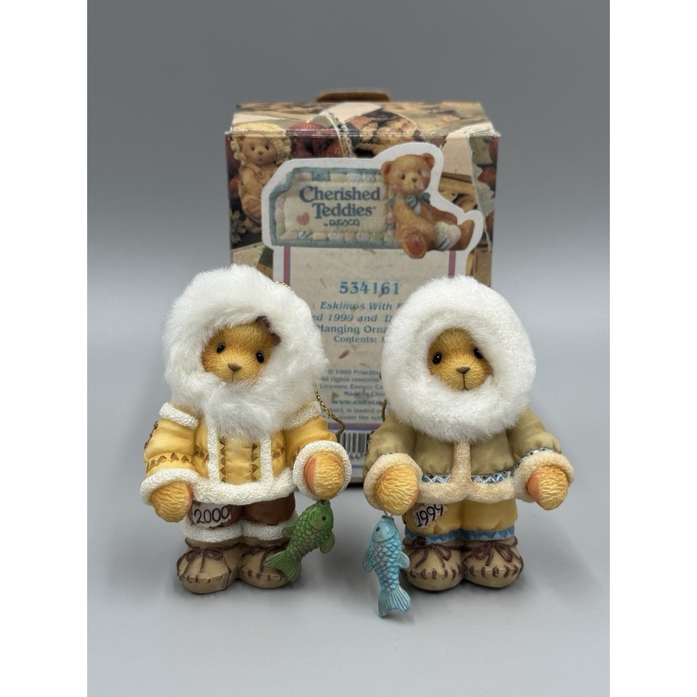 Vtg Cherished Teddies With Fish Hanging Ornament Set 534161 Years 1999 2000